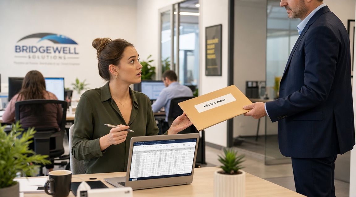 A businesswoman receiving health and safety documents from a colleague in a modern corporate office setting.