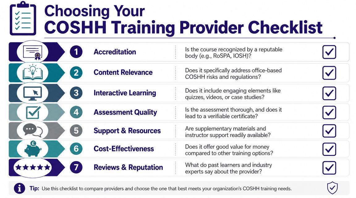 A checklist infographic titled Choosing Your COSHH Training Provider with seven criteria for selecting online safety training.