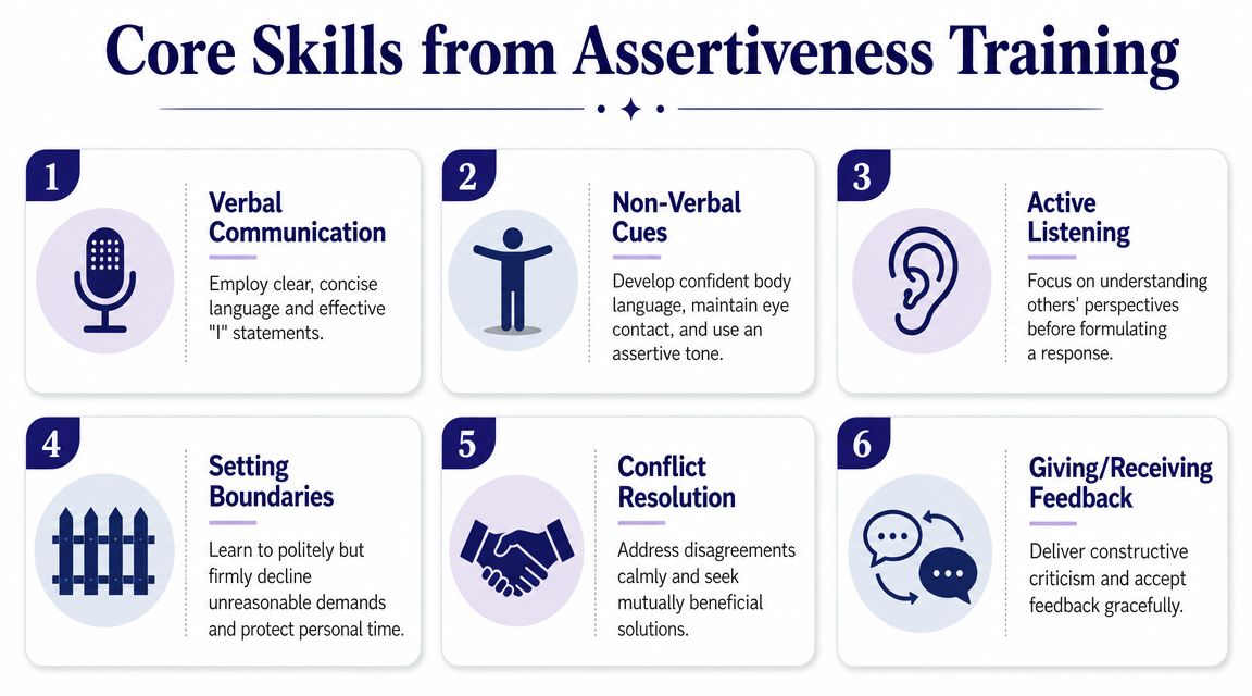 An infographic titled Core Skills from Assertiveness Training, featuring six numbered points with icons and descriptions.