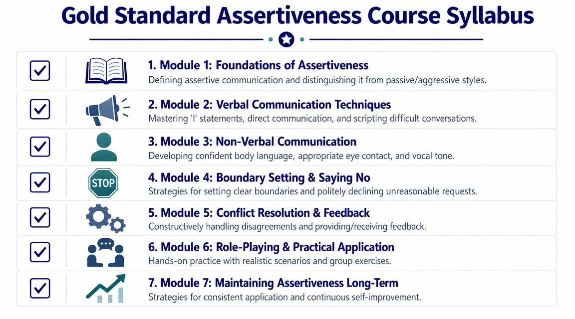 A structured syllabus infographic for a gold standard assertiveness course featuring seven modules with descriptive icons.