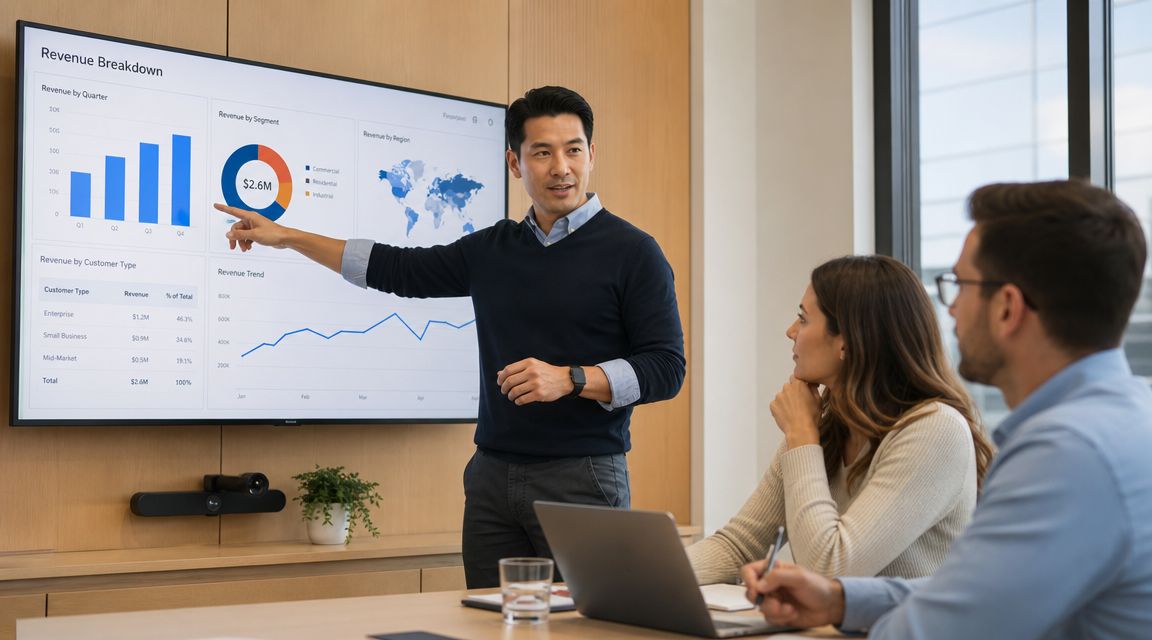 A professional man presents financial data on a large screen to colleagues in a modern office meeting.