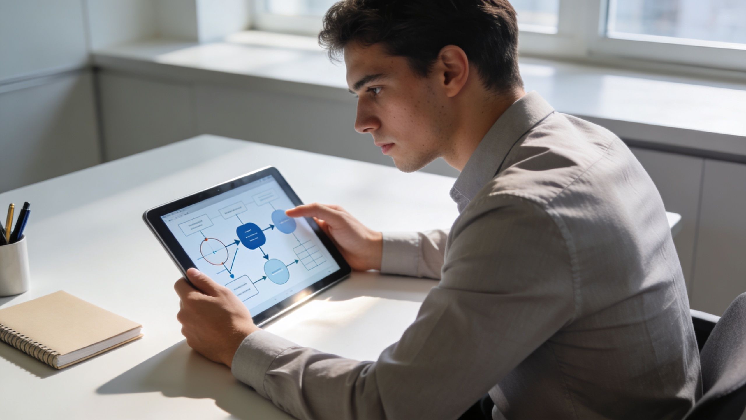 A professional business analyst examining a complex workflow process diagram on a digital tablet at his office desk.