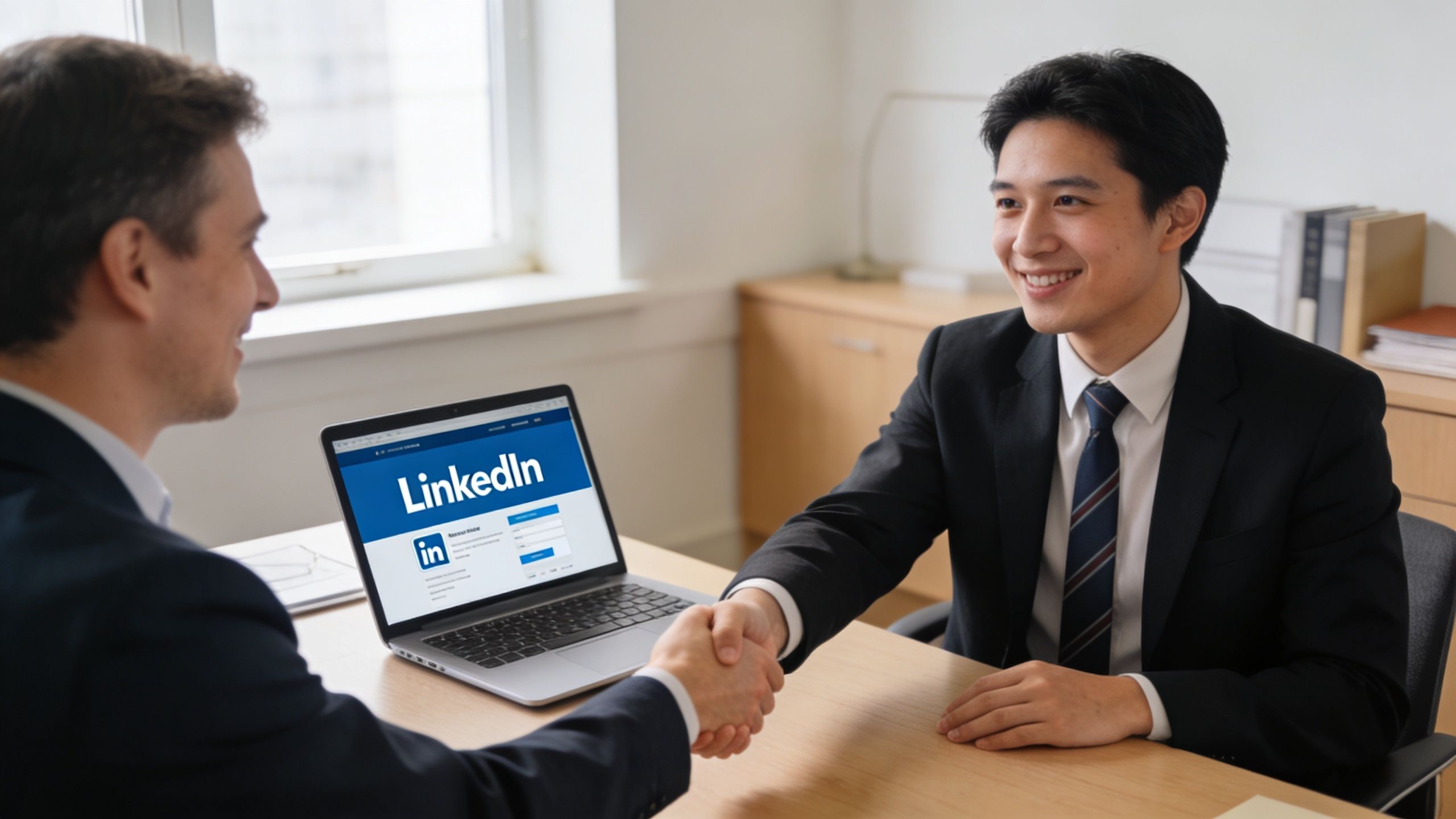 A professional business analyst shaking hands with a client during a successful office meeting with a laptop.
