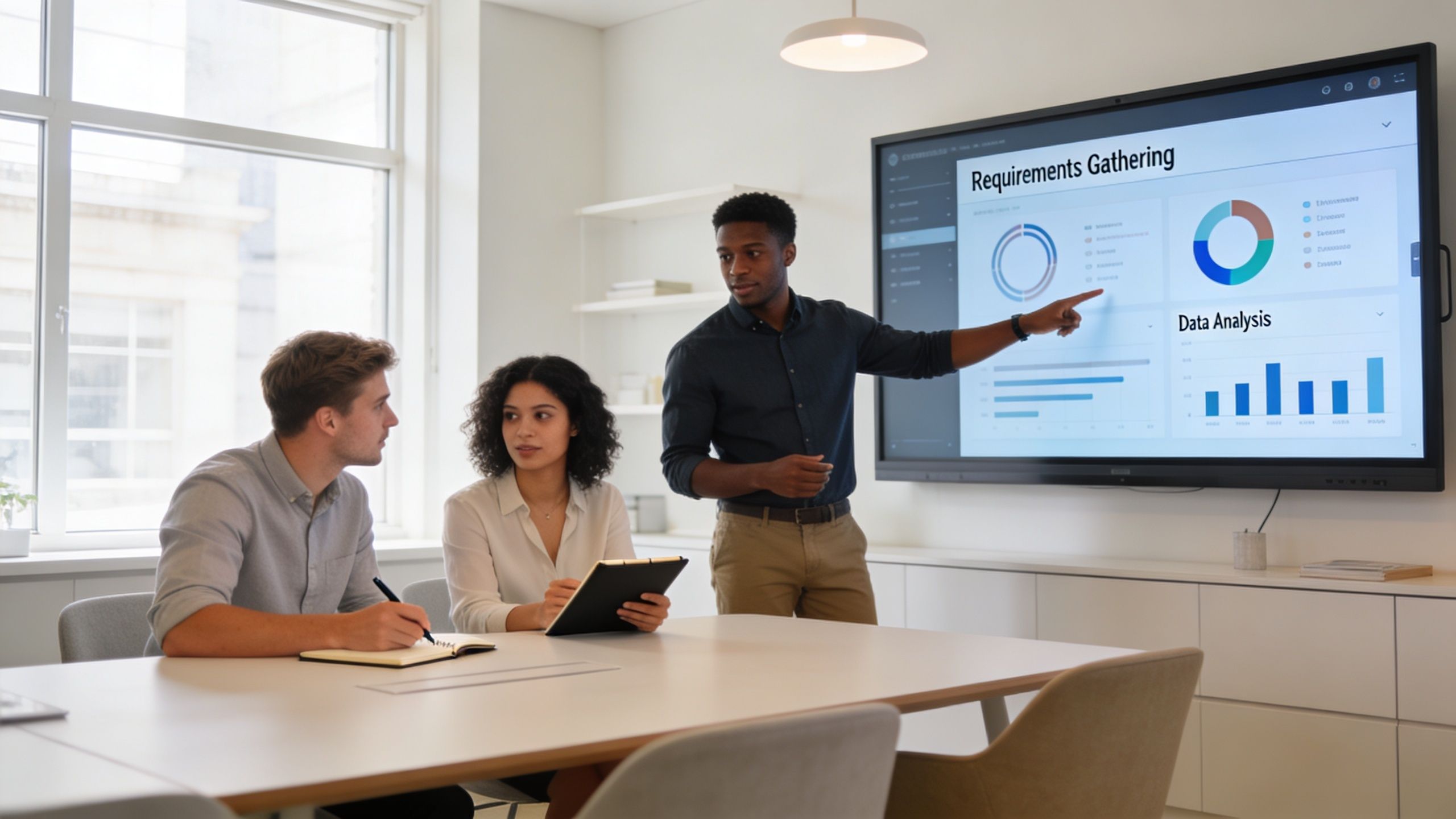 A professional business analyst presenting data visualizations and project requirements on a large screen to colleagues.