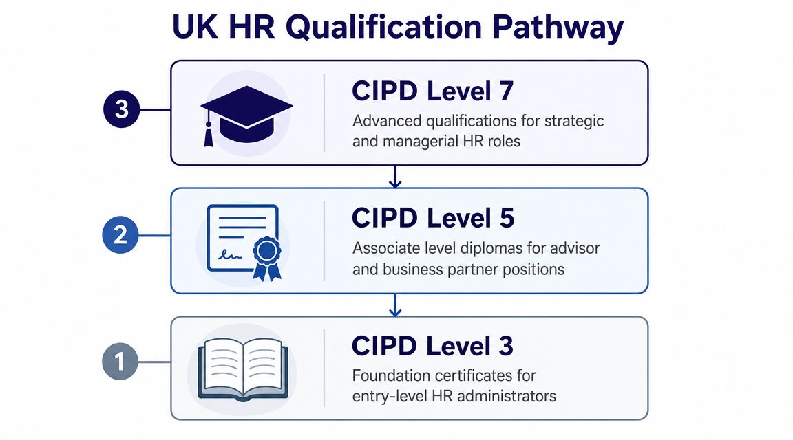 A diagram outlining the three levels of UK HR qualifications from entry to strategic management roles.