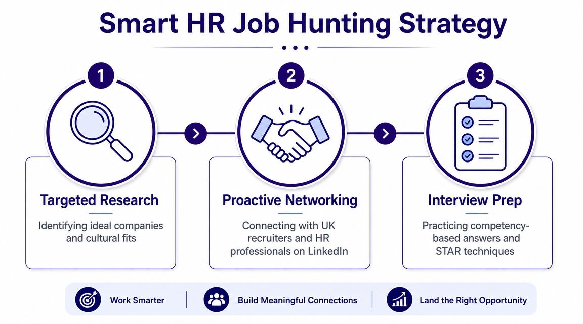 A diagram outlining a three-step smart HR job hunting strategy including research, networking, and interview preparation.