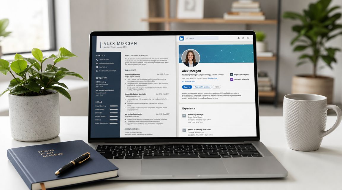 A laptop on a desk displaying a professional marketing manager resume and LinkedIn profile page.