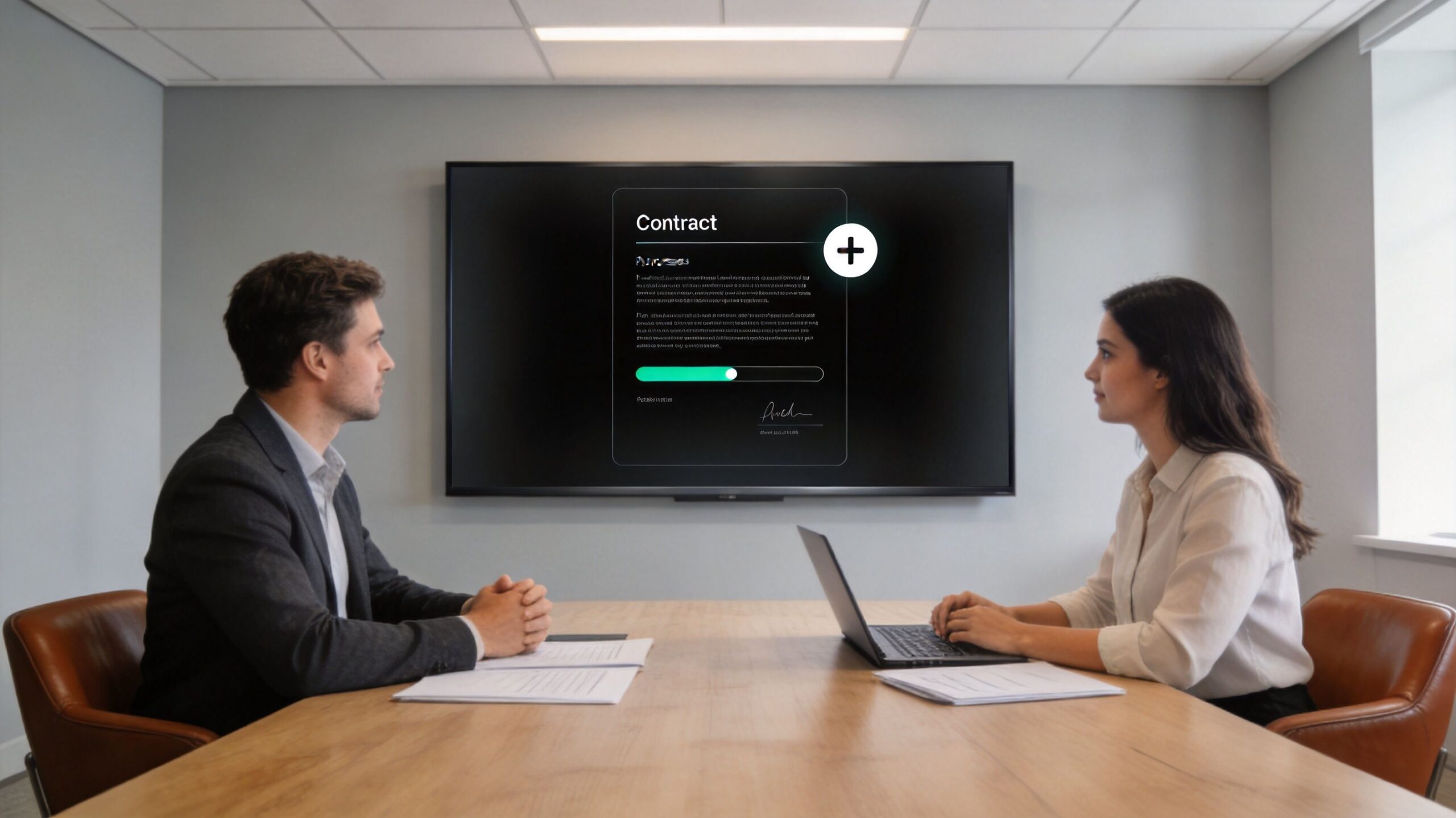 A professional man and woman discussing a contract displayed on a large screen in a boardroom.