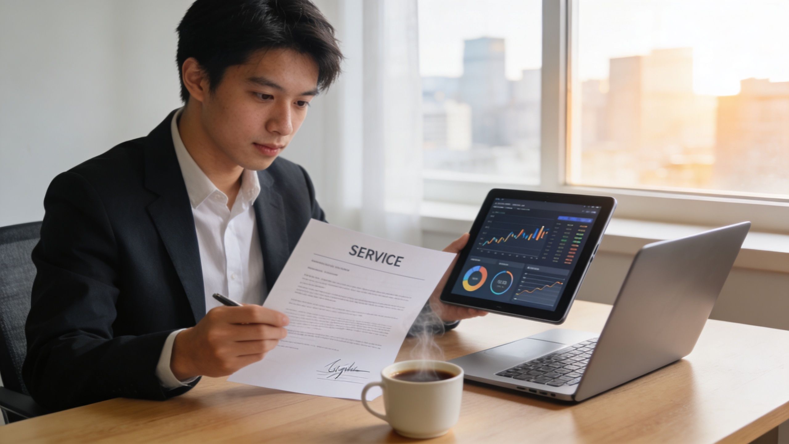A professional man reviewing a service contract while holding a digital tablet displaying financial data charts.