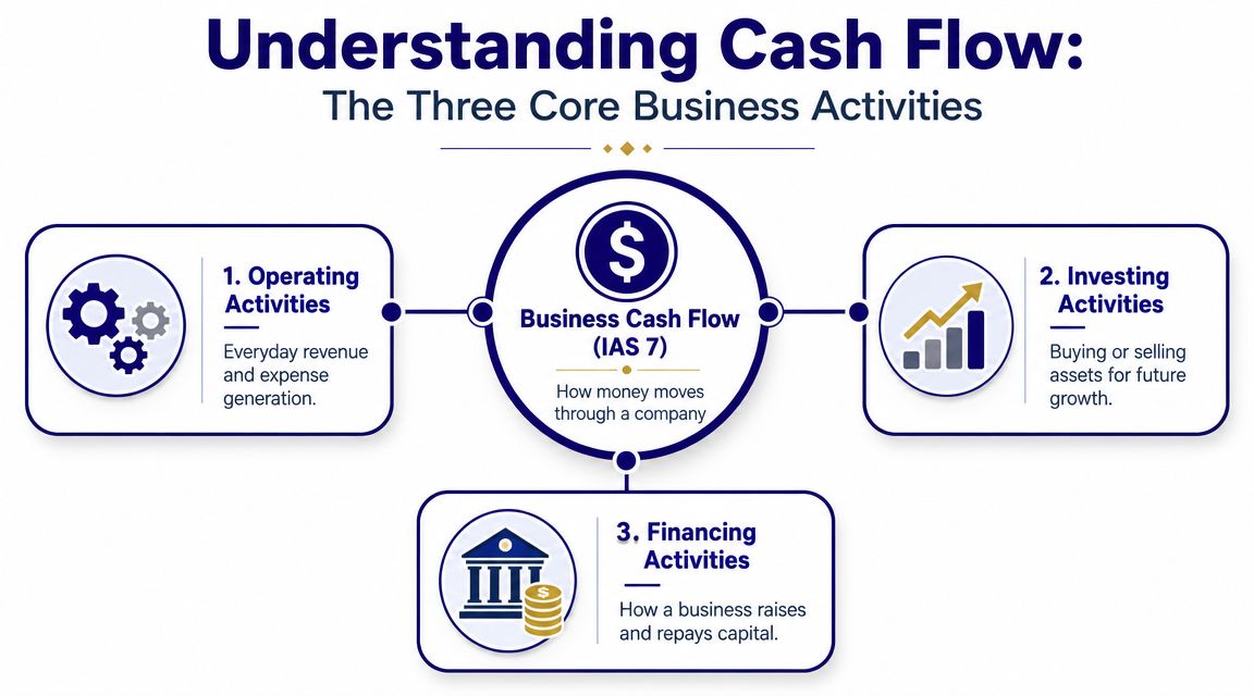 An infographic showing the three core business activities of cash flow under IAS 7 standards.