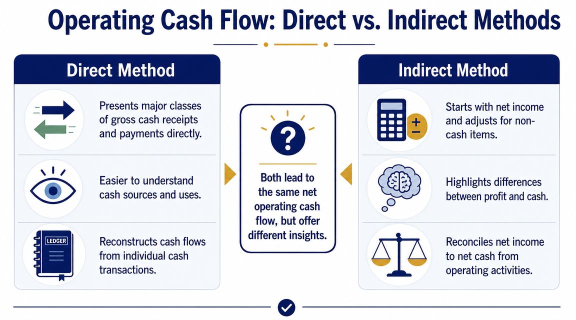 A comparison infographic showing the direct method and indirect method for calculating operating cash flow in accounting.