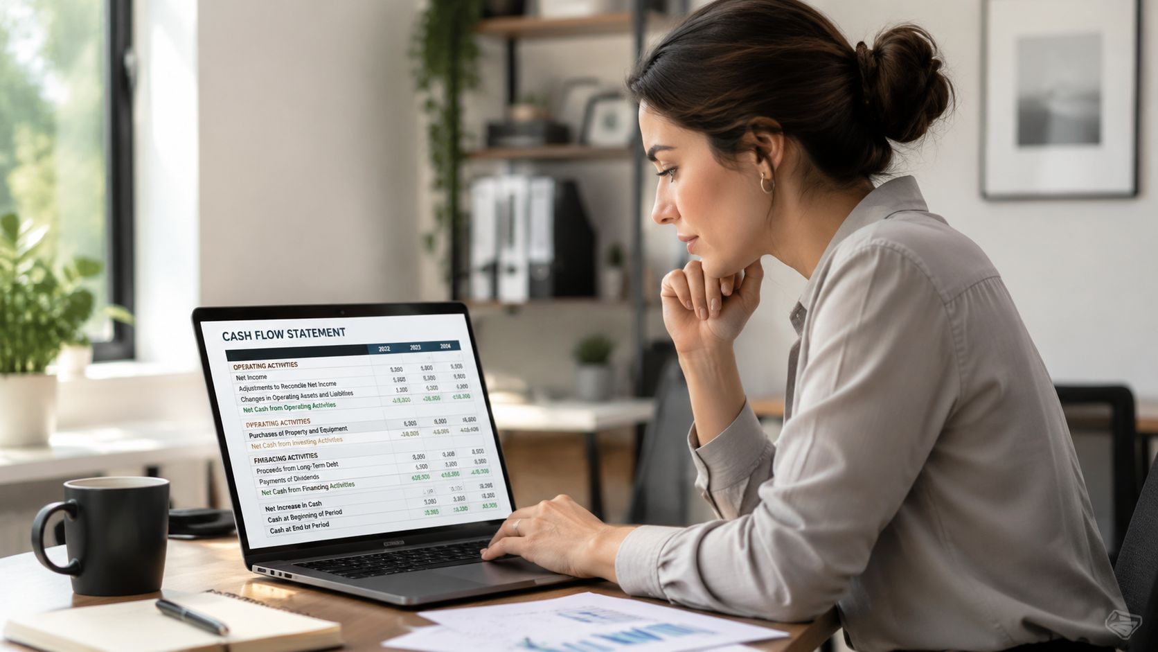 A woman working on a laptop displaying a financial cash flow statement document in an office setting.