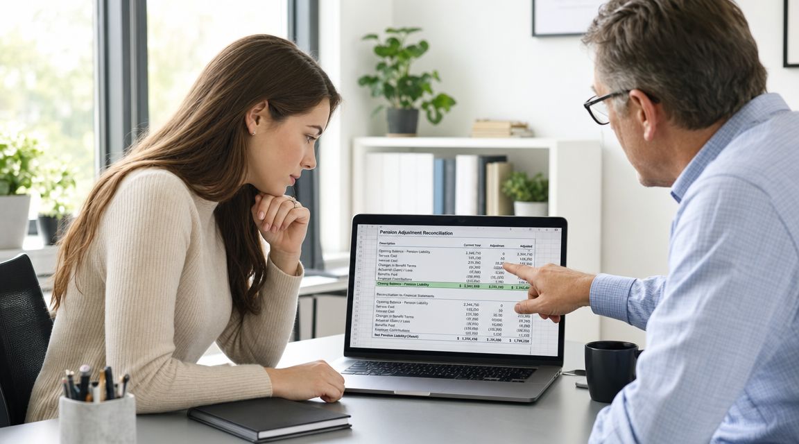 A professional man explaining pension adjustment reconciliation financial data on a laptop to a young woman.