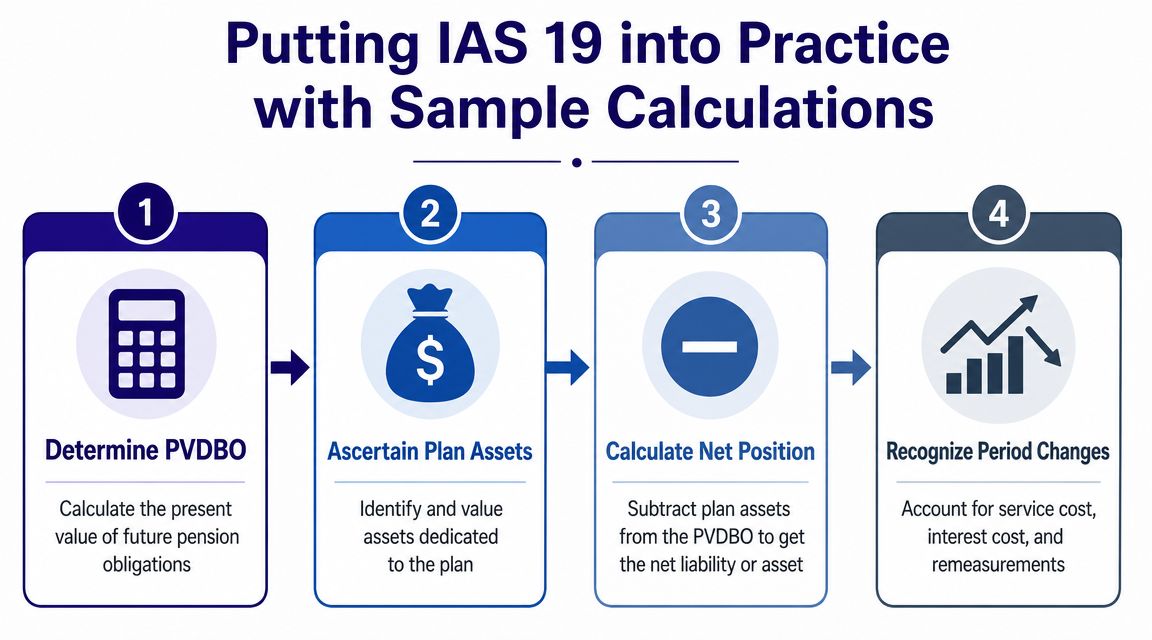 A four-step infographic illustrating the process for putting IAS 19 accounting standards into practice for pension obligations.