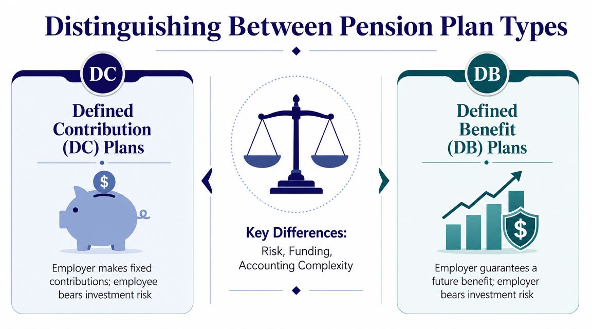 A comparison infographic between Defined Contribution and Defined Benefit pension plans highlighting key differences in risk and funding.