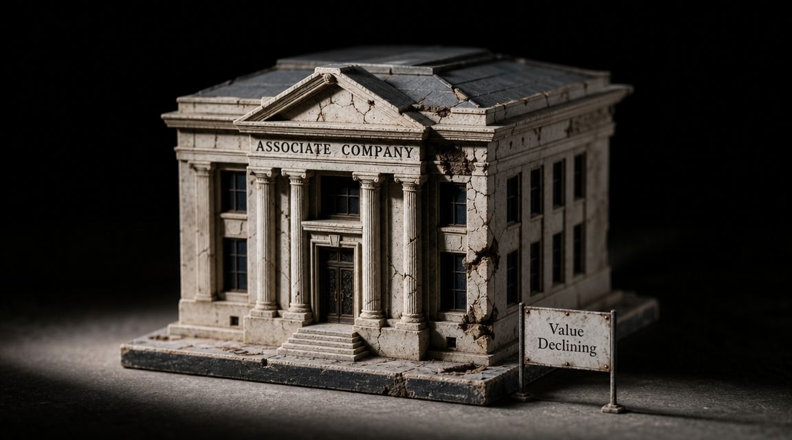 A miniature building model representing an associate company, featuring cracks and a sign stating Value Declining.