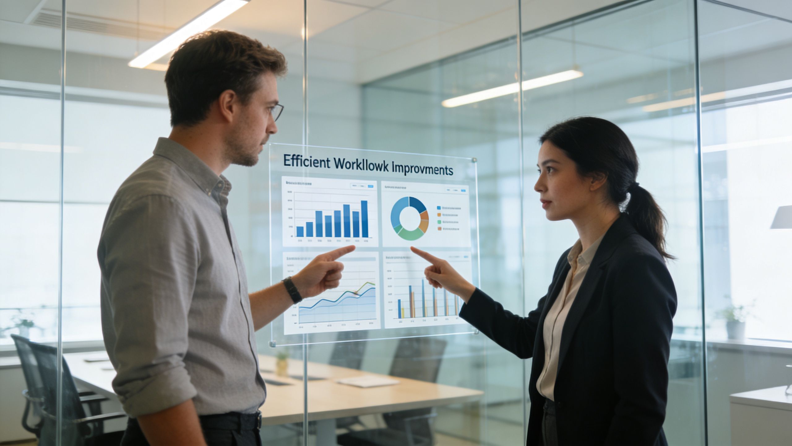 Two business professionals analyzing data charts on a transparent glass board in a modern office environment.