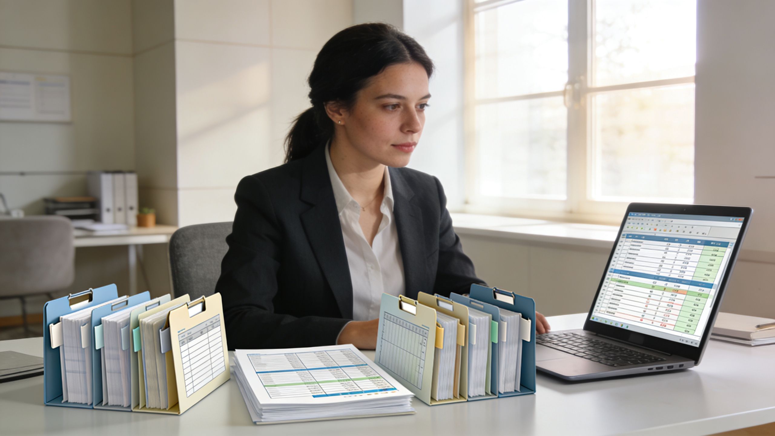 A professional woman in a suit working on a laptop at an organized office desk.