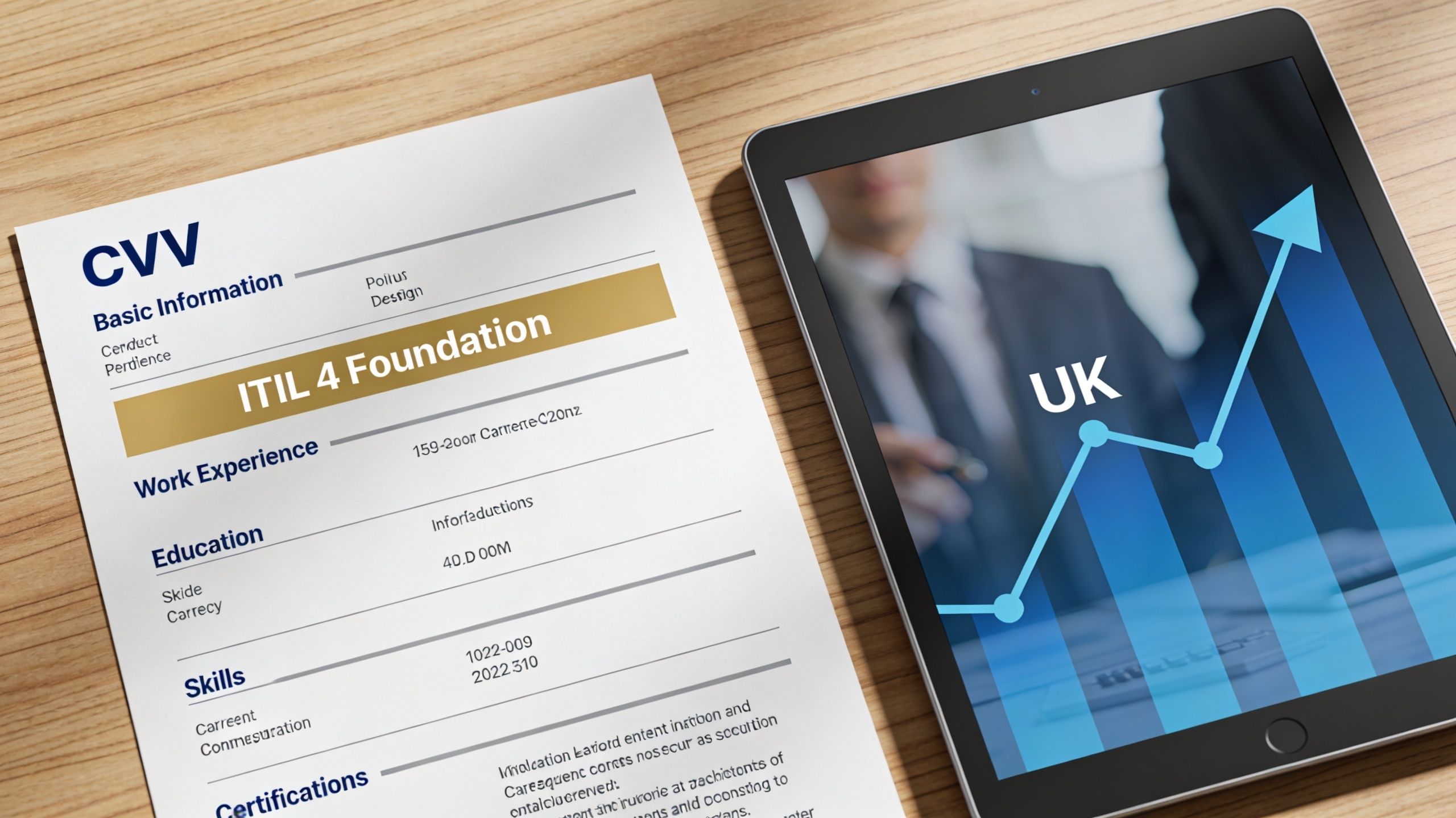 A CV document featuring ITIL 4 Foundation certification next to a tablet showing a UK market growth chart.