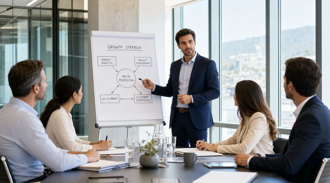 A professional man in a business suit presents a growth strategy chart to colleagues in a modern office.