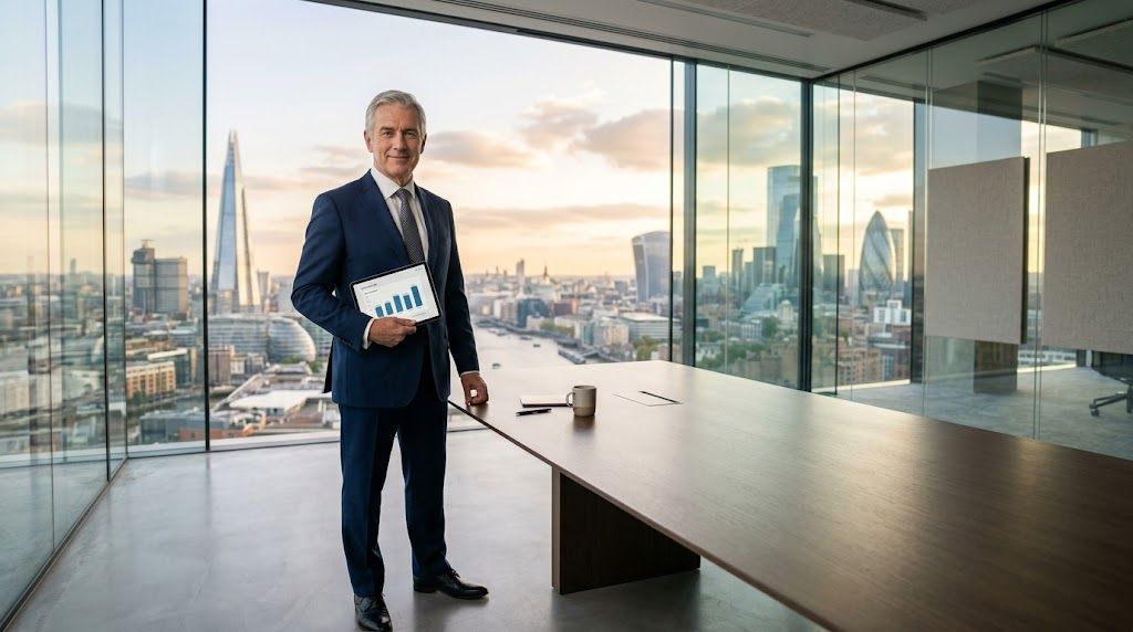 A professional businessman in a suit holding a tablet with a chart in a London office.
