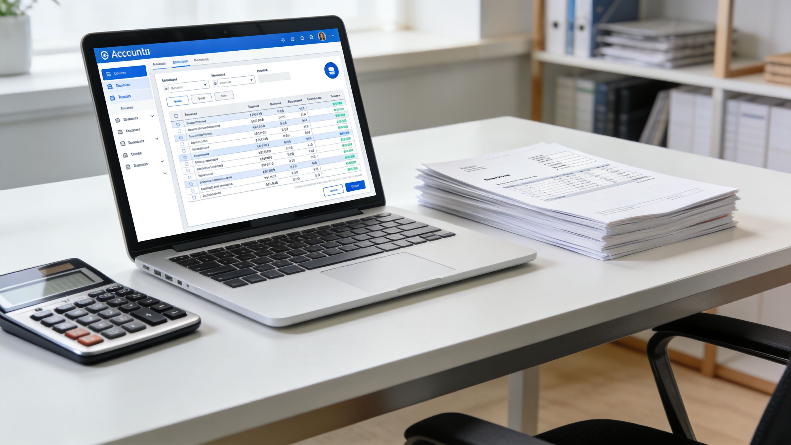 A modern office desk featuring a laptop running accounting software, a calculator, and a stack of documents.