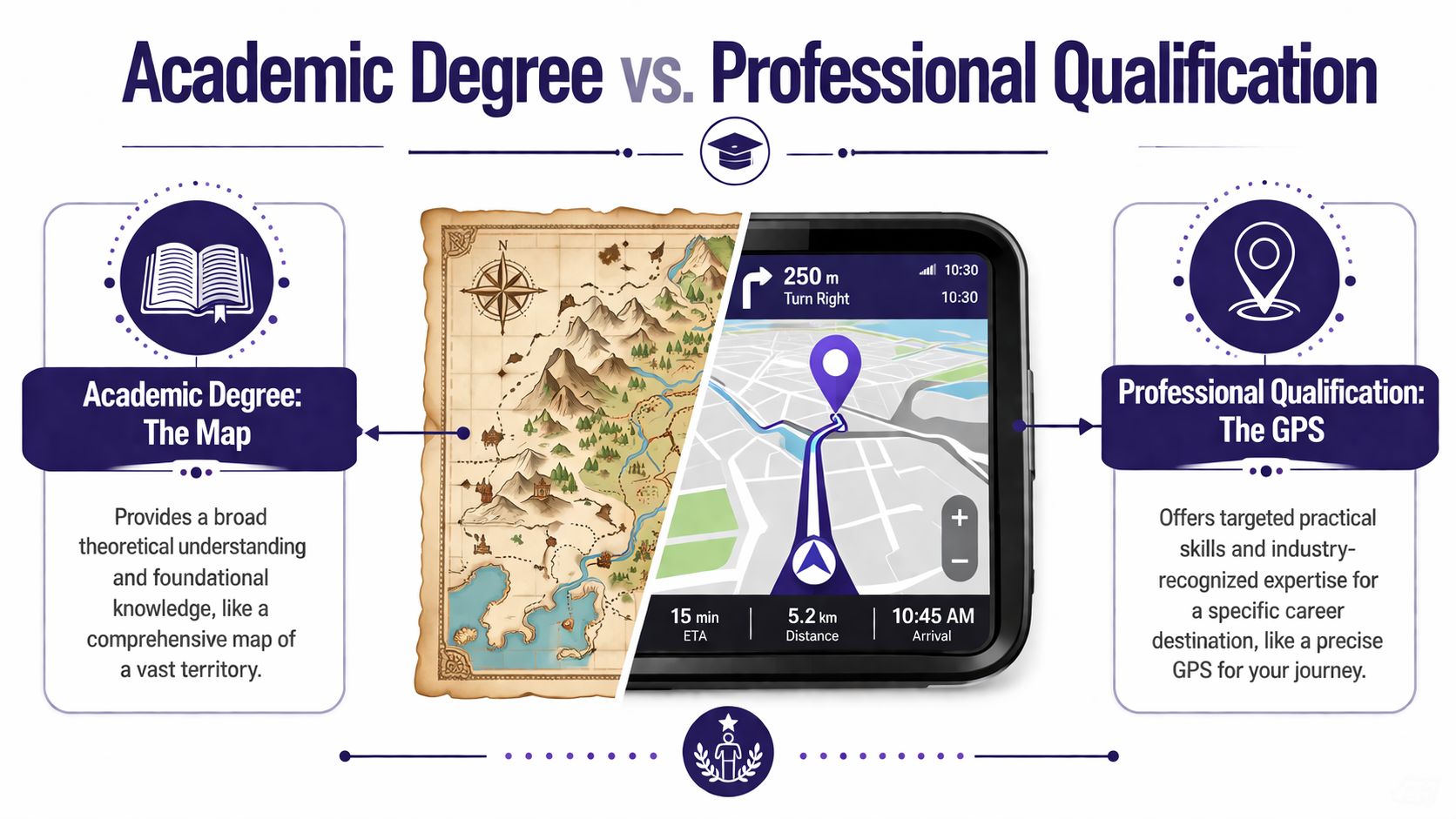 An infographic comparing academic degrees as a broad map versus professional qualifications as a precise GPS.