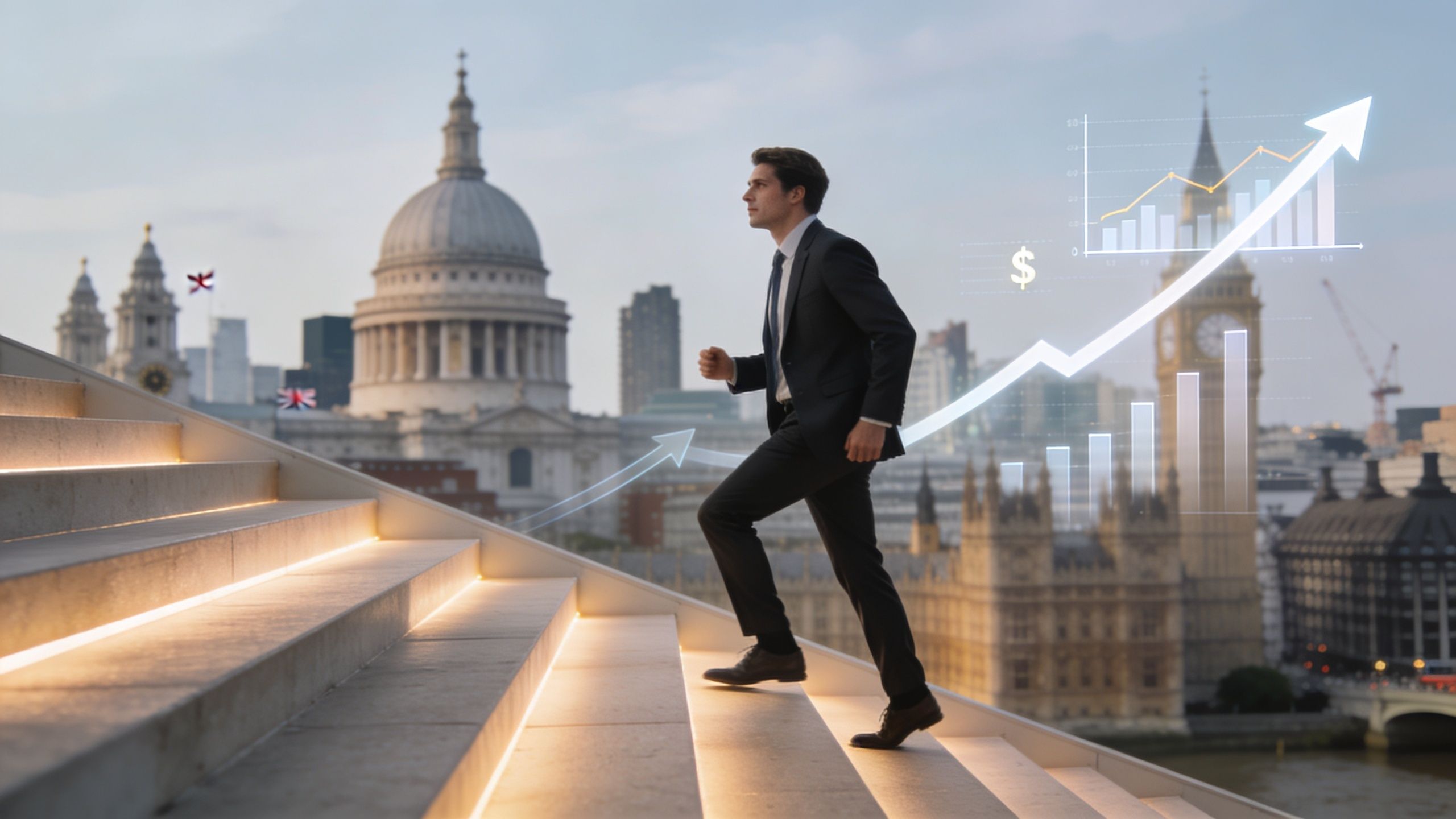A professional man in a suit walking up stairs with digital growth charts in London.