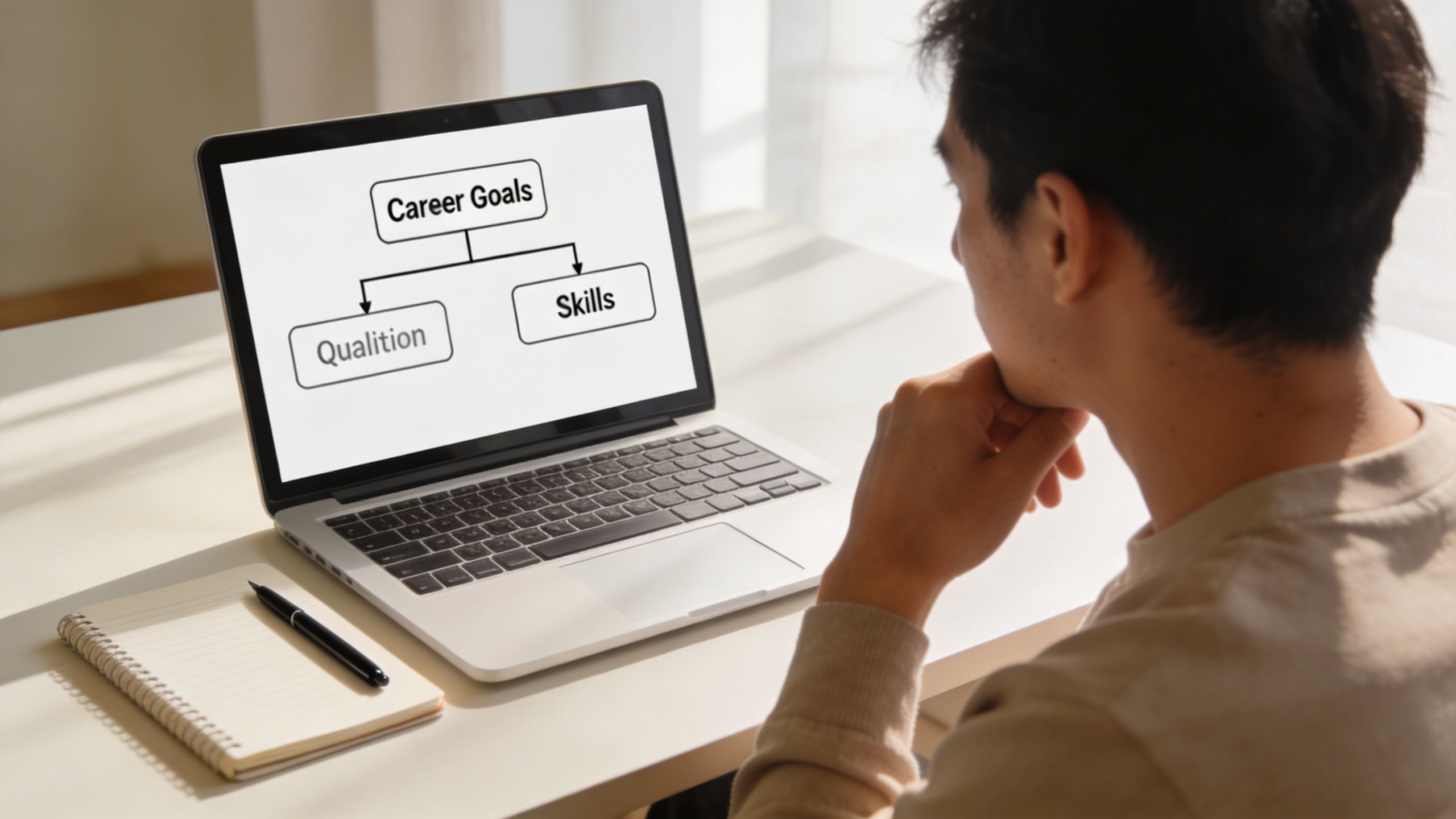 A man looks at a laptop screen displaying a diagram about career goals and professional qualifications.