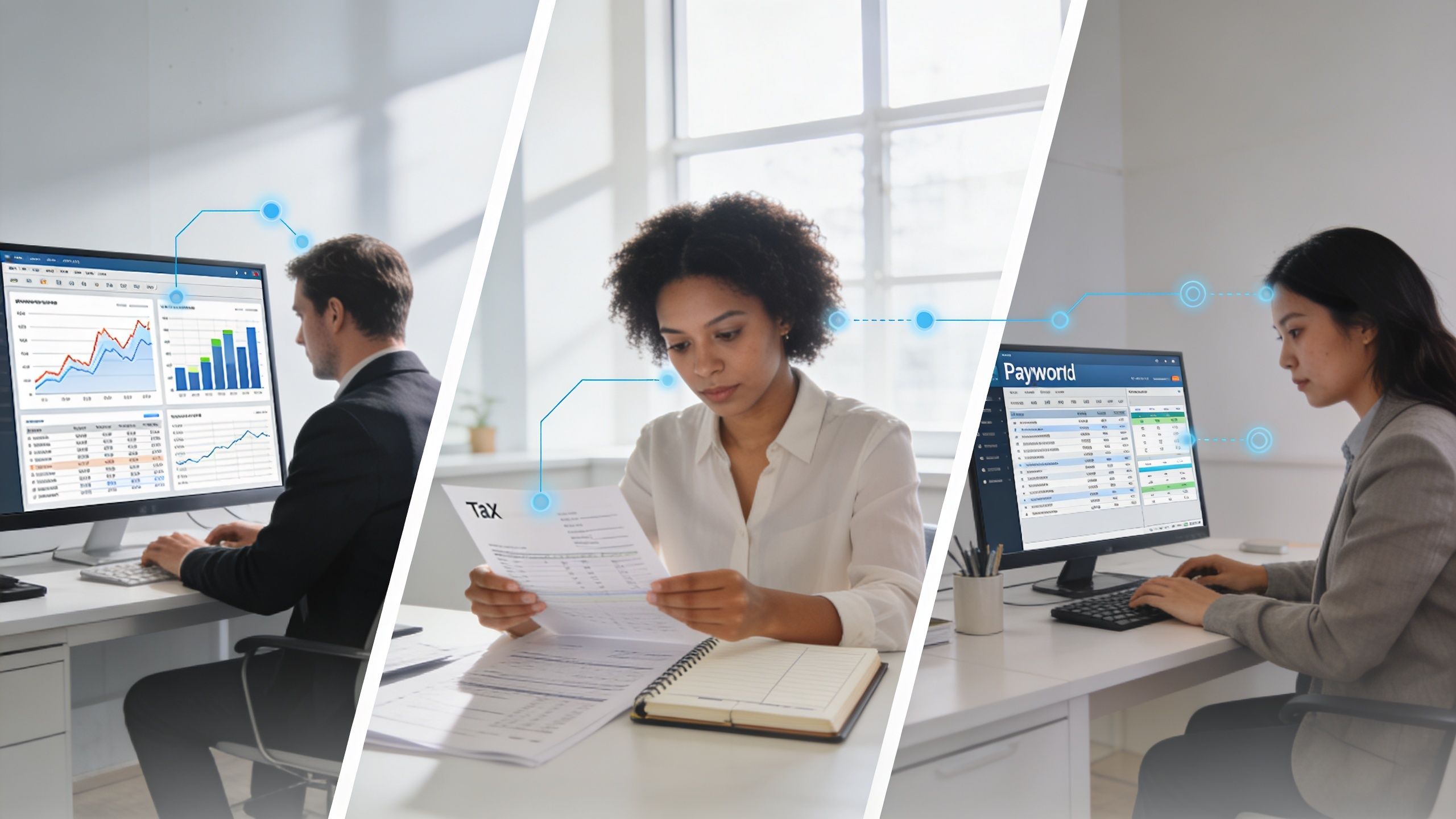 Three professionals working in an office environment analyzing business data, tax documents, and digital payroll software systems.
