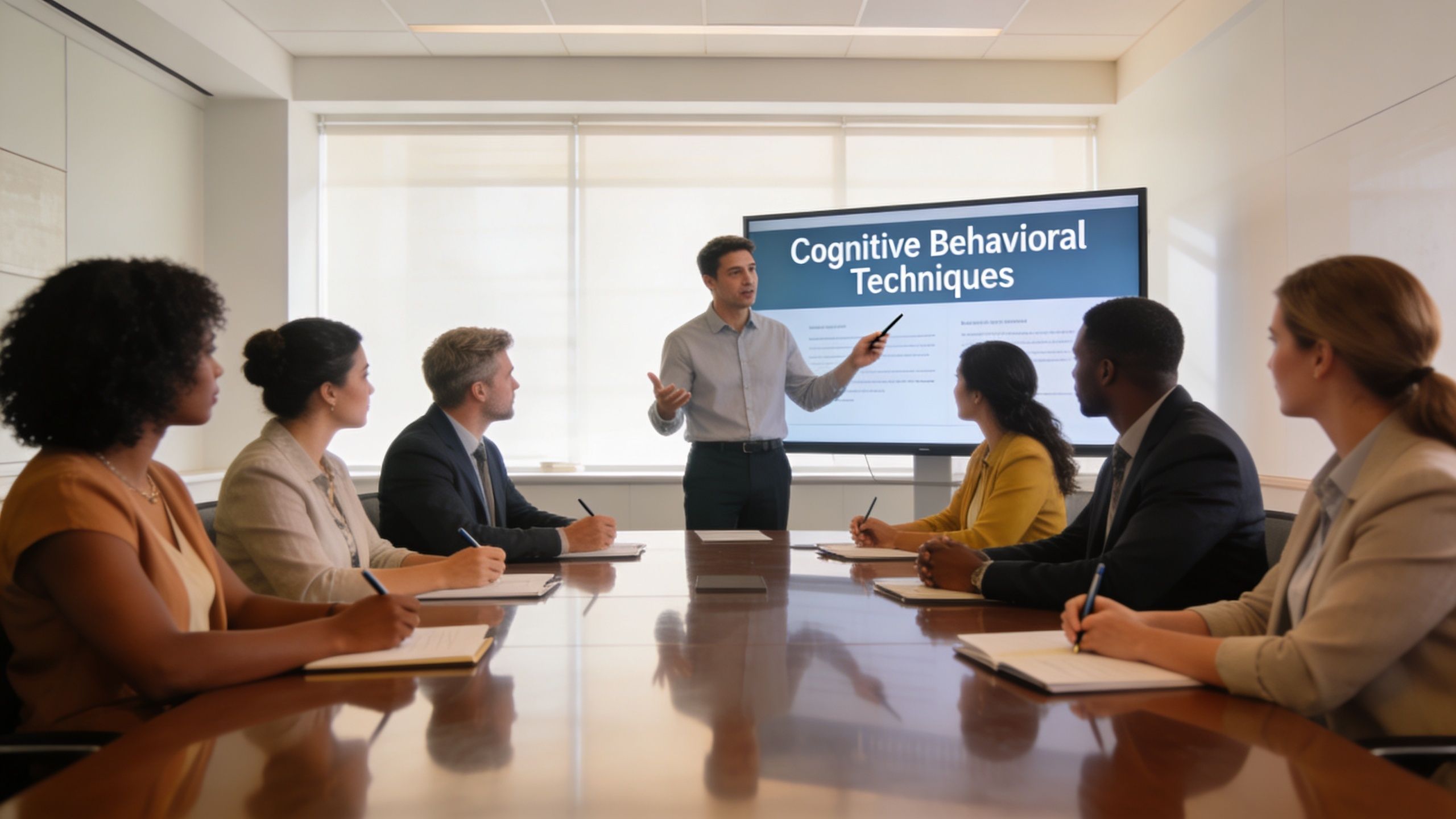A professional man leads a corporate training session on cognitive behavioral techniques to a diverse team.