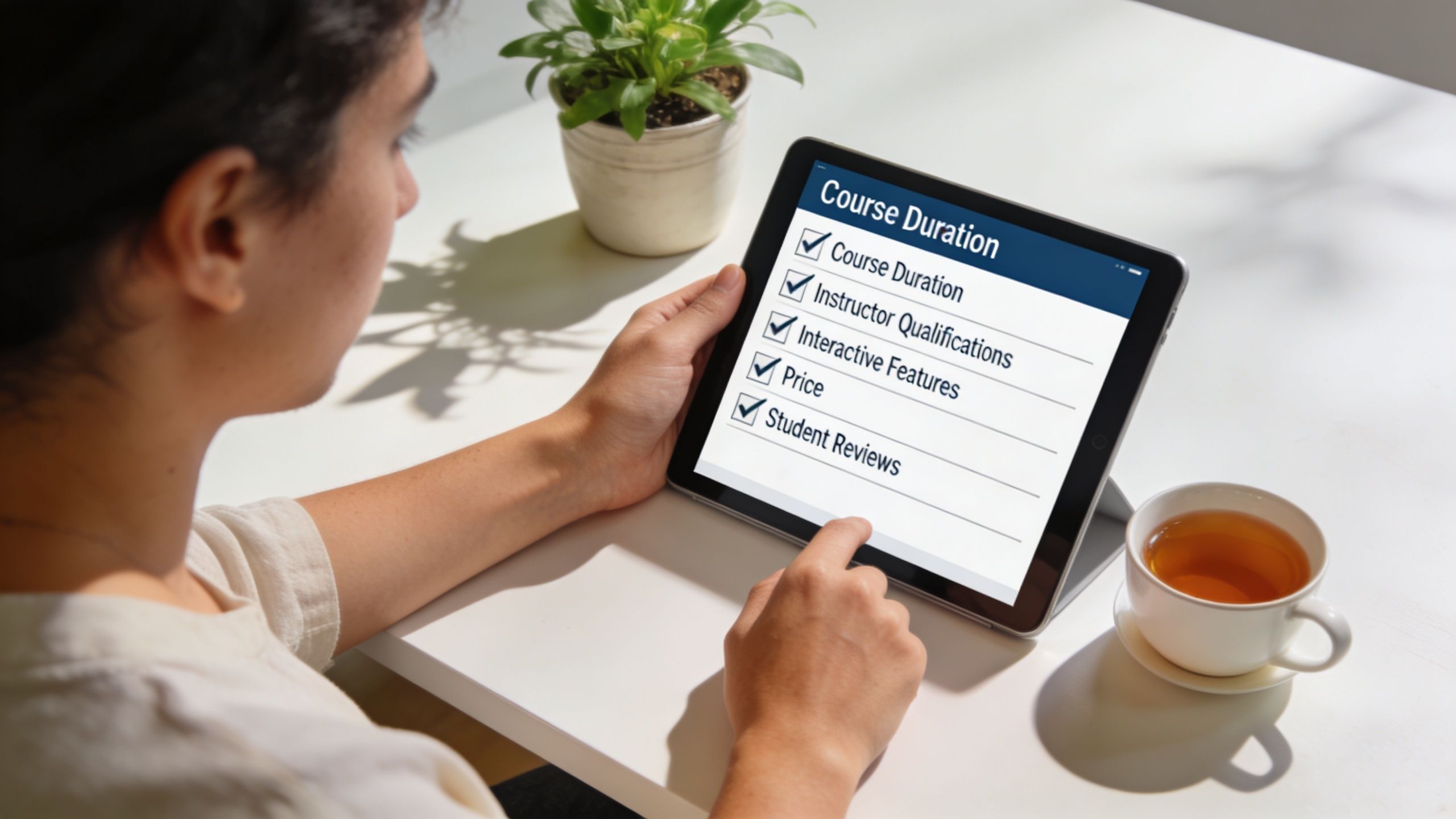 A person using a tablet to select criteria for stress management courses displayed on the screen.