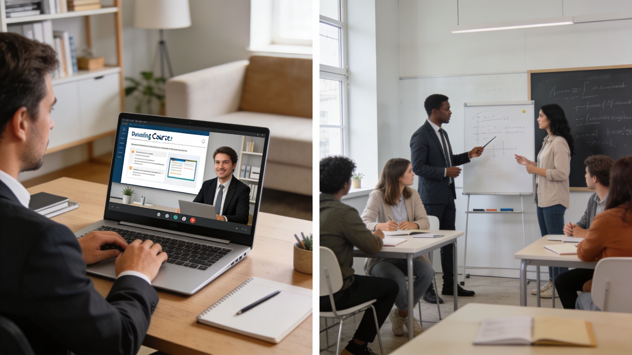 A professional man participates in online stress management courses via his laptop while a observes.