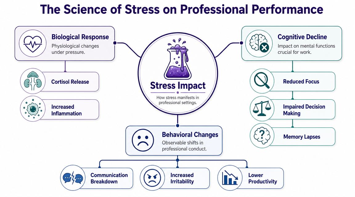 A diagram illustrating how stress impacts professional performance through biological, cognitive, and behavioral changes in the workplace.
