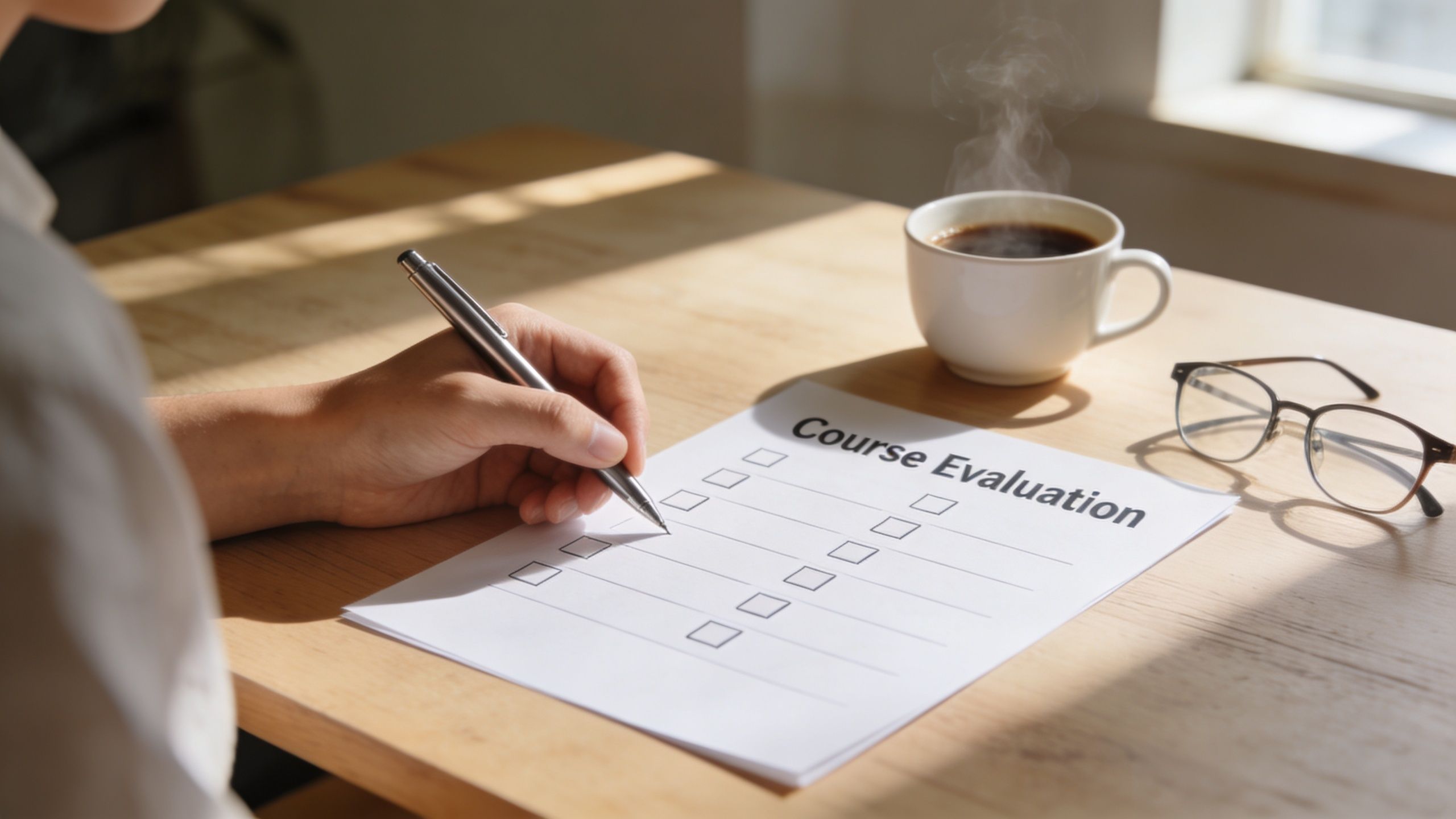 A person fills out a course evaluation form while sitting at a wooden desk with coffee and glasses.
