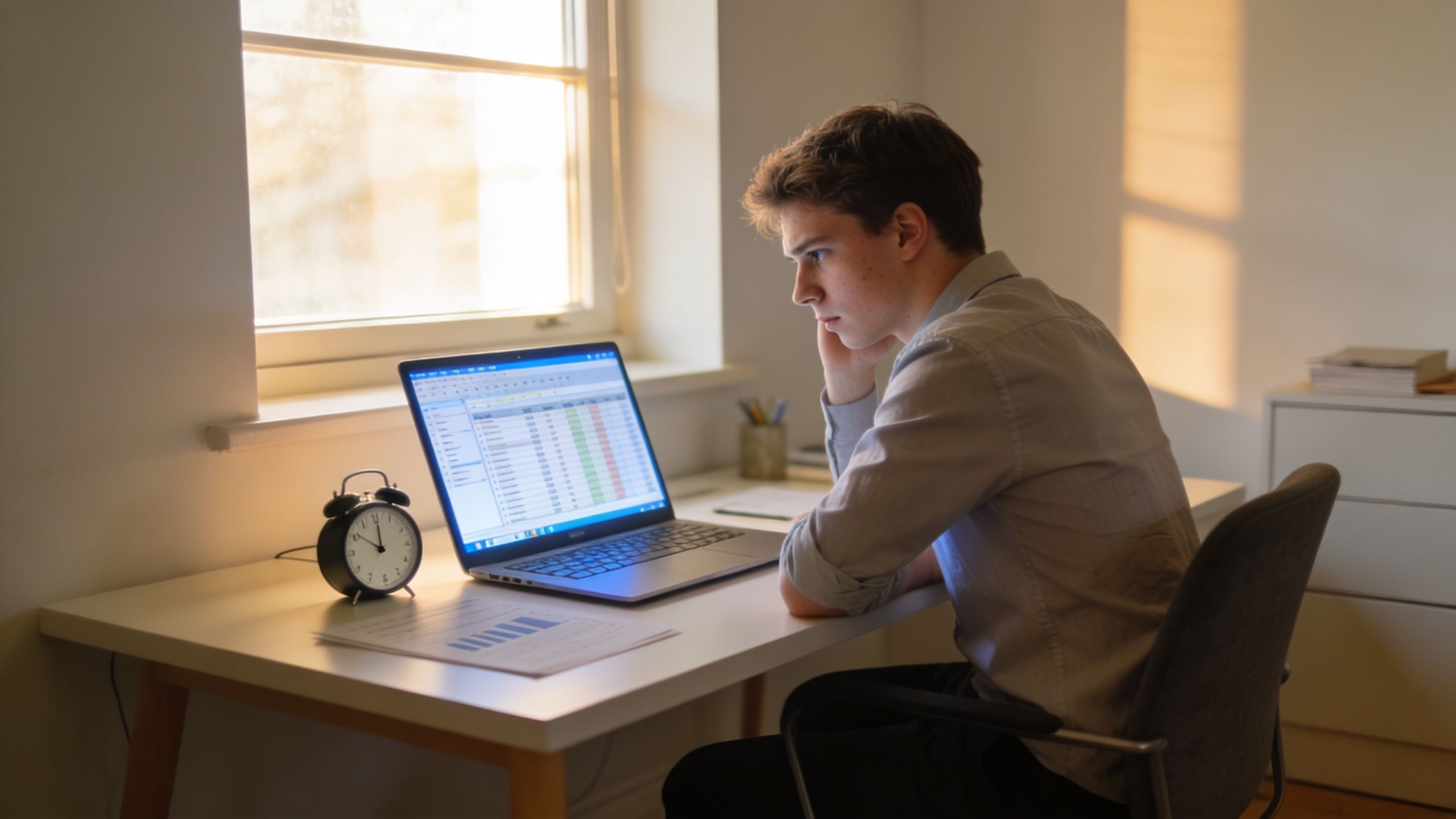 A focused young man studying or working on a laptop at his desk with a clock nearby.