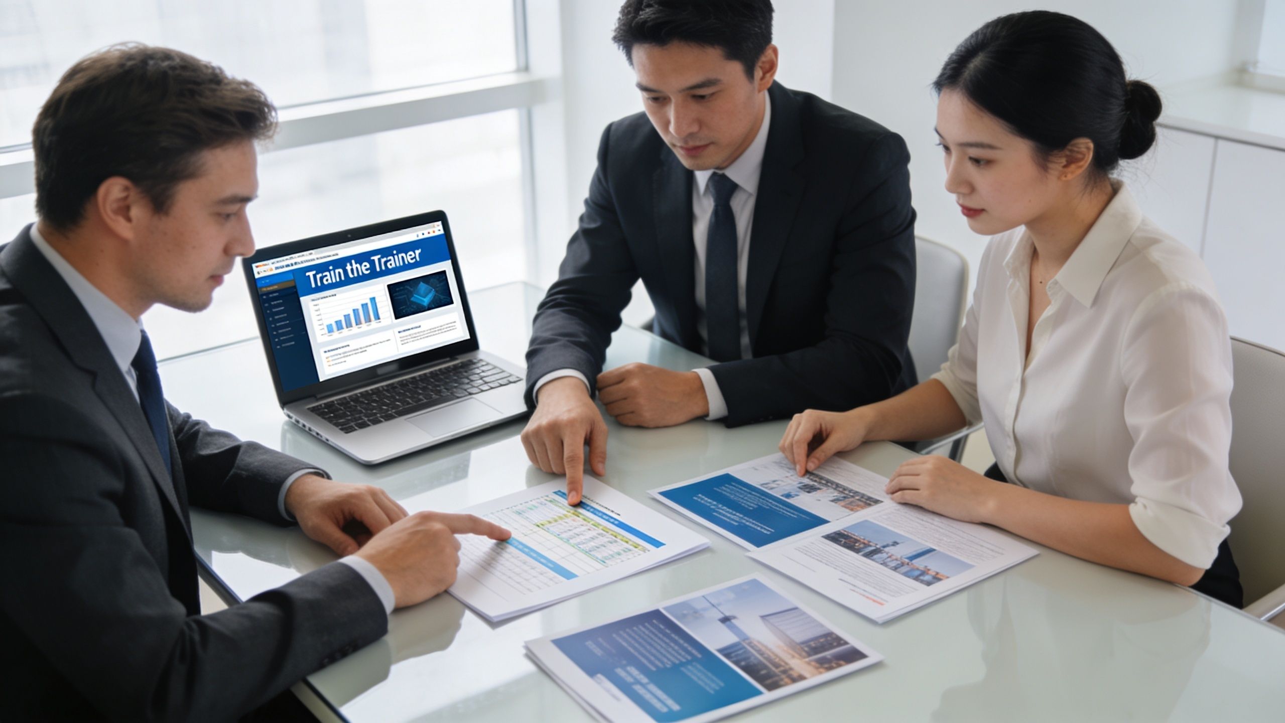 A professional team of three people reviewing documents and a laptop during a business meeting in office.