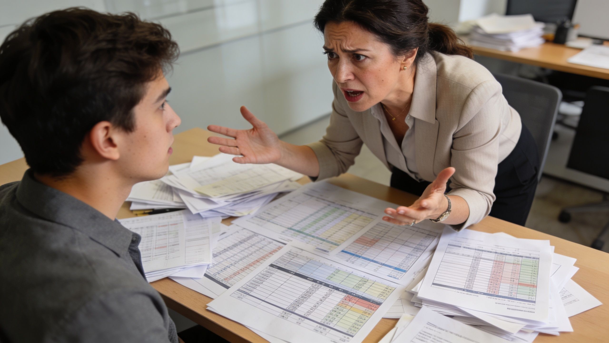 A frustrated professional woman gestures while speaking to a young man over a desk full of paperwork.