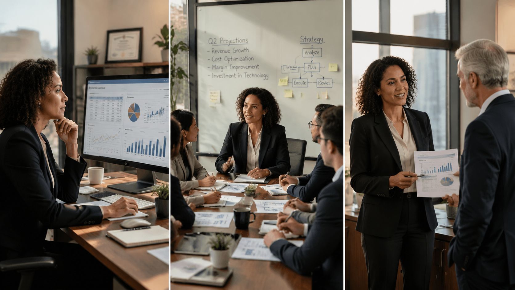 A professional accountant manager leading business strategy meetings and analyzing financial reports with her team.