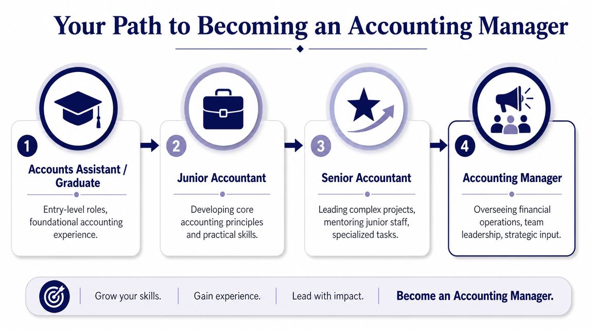 A four-step professional career roadmap illustrating the progression from accounts assistant to an accounting manager role.