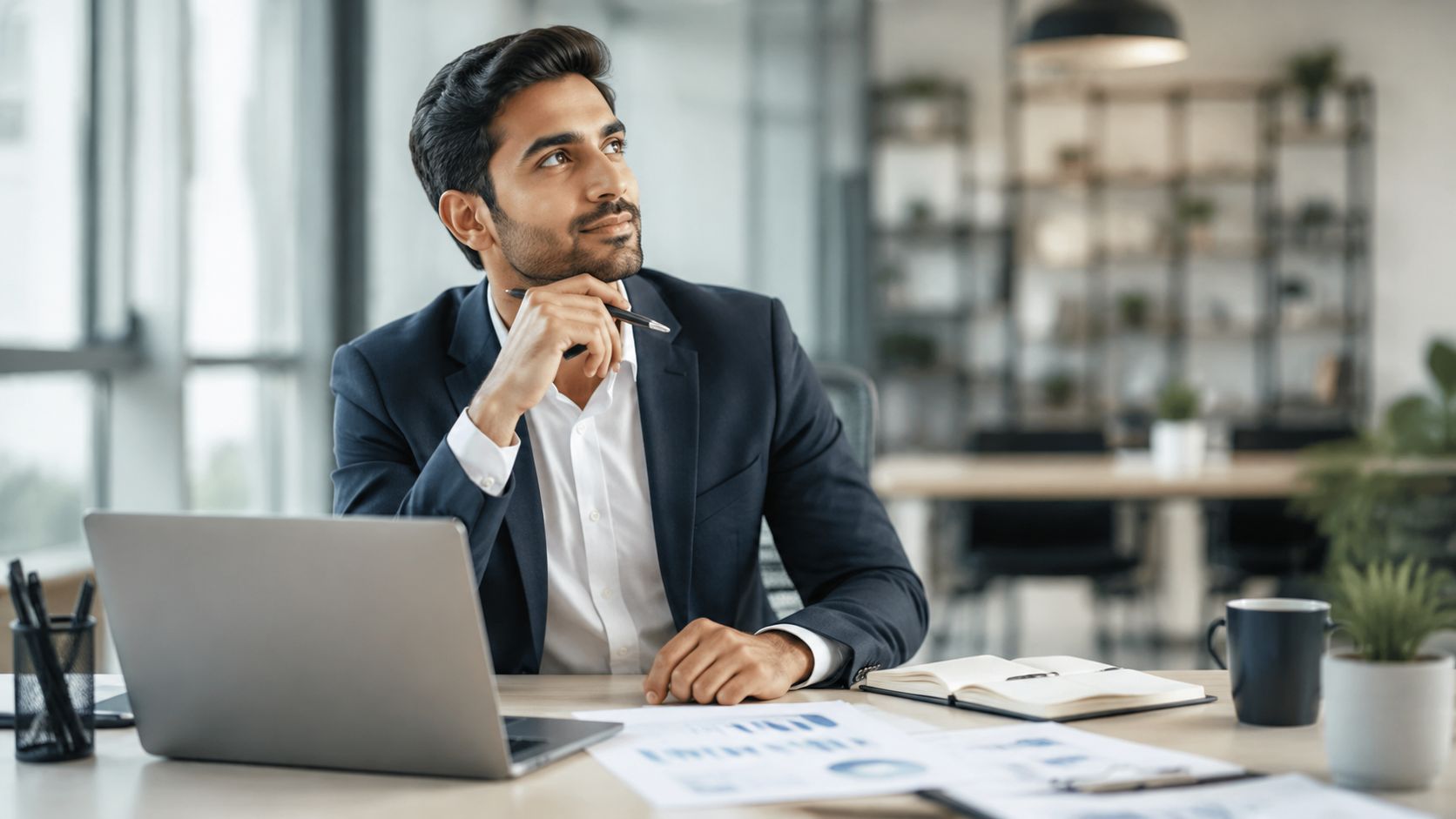A professional accountant manager sitting at a desk with a laptop and documents while thinking.