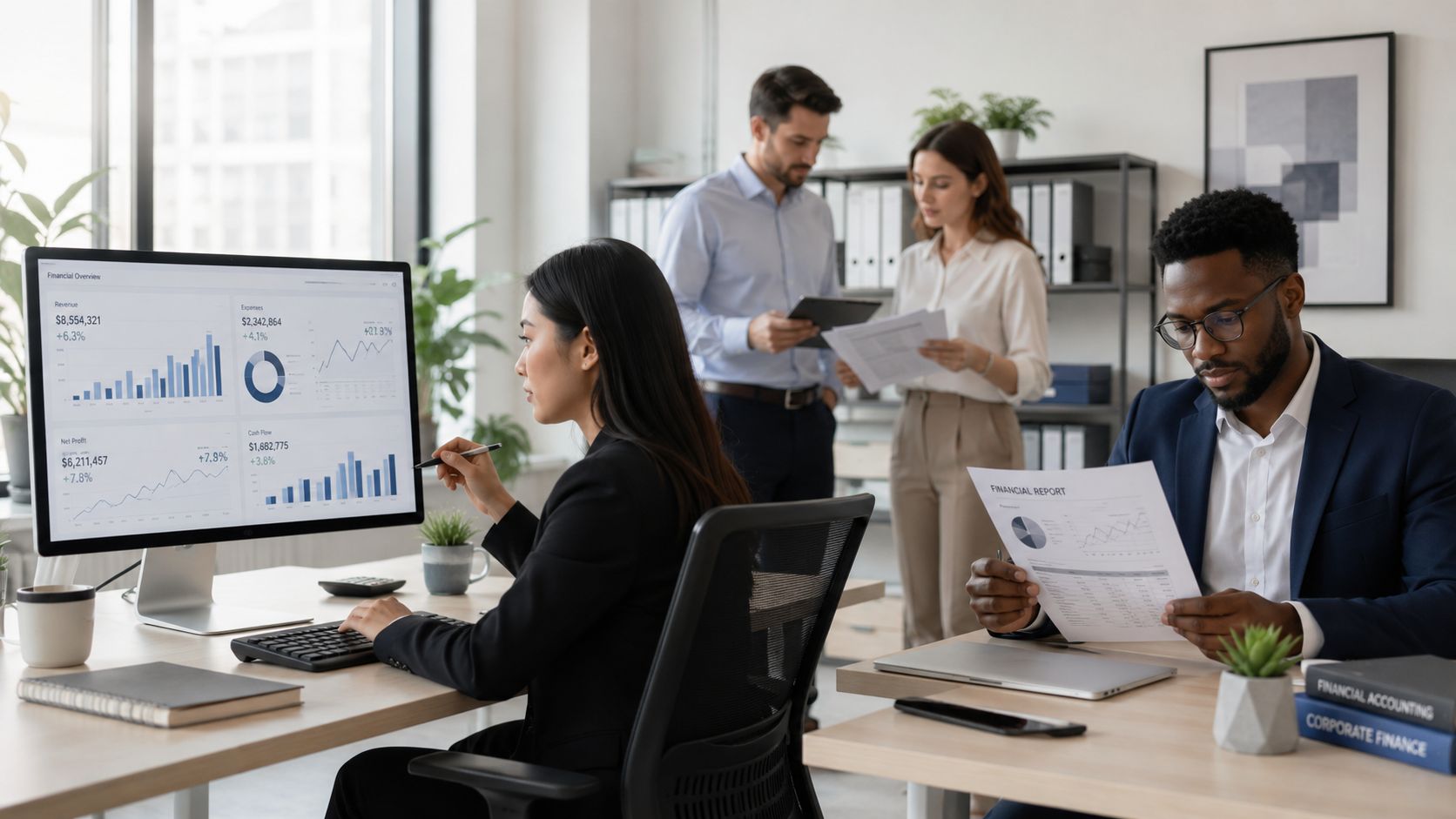 A professional team of business analysts working together in a modern, well-lit corporate office environment.