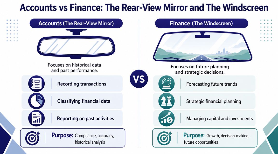 A comparison chart showing Accounts as a rear-view mirror versus Finance as a car windscreen.