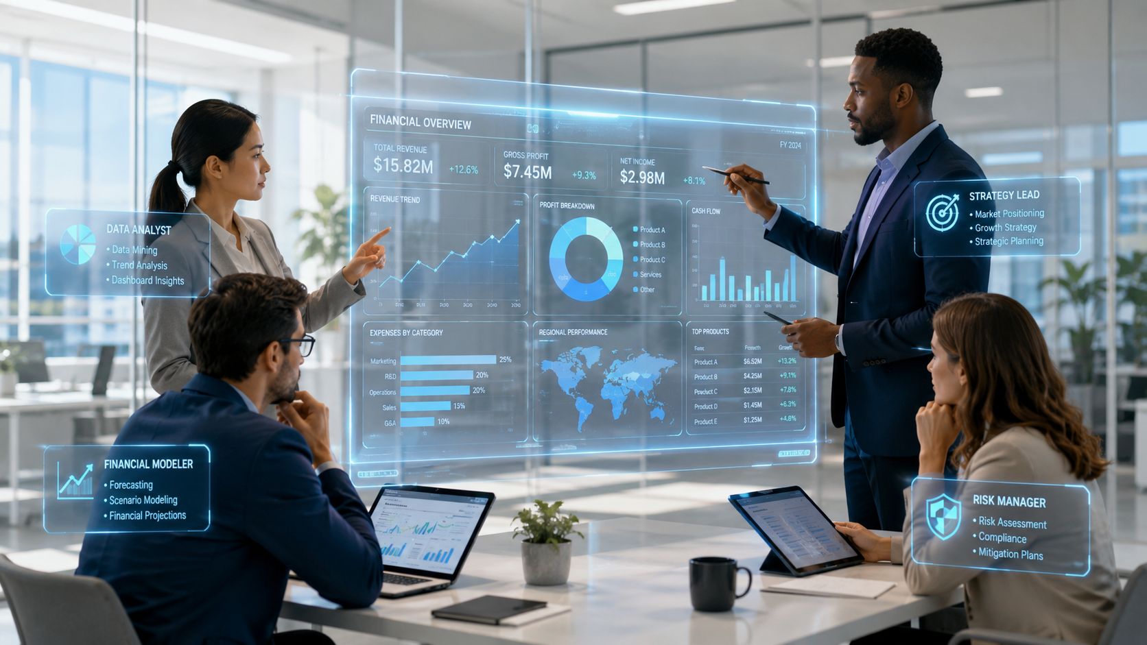 A professional business team collaborating in a modern office using futuristic holographic data displays for analysis.