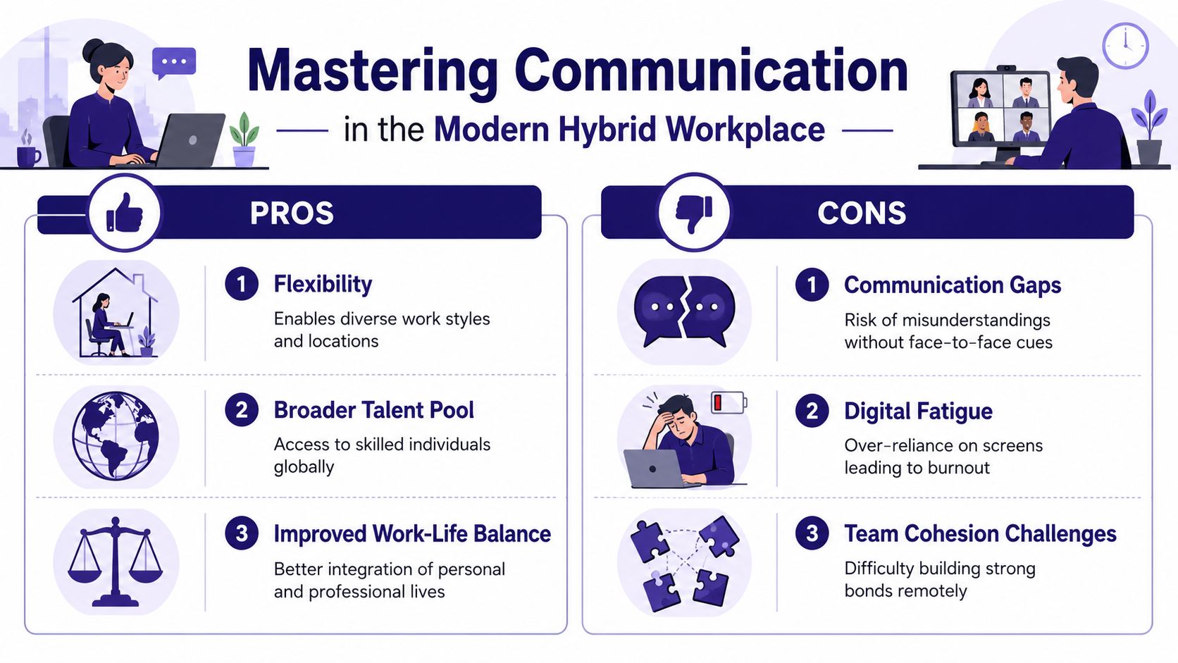 An infographic titled Mastering Communication in the Modern Hybrid Workplace showing pros and cons list.