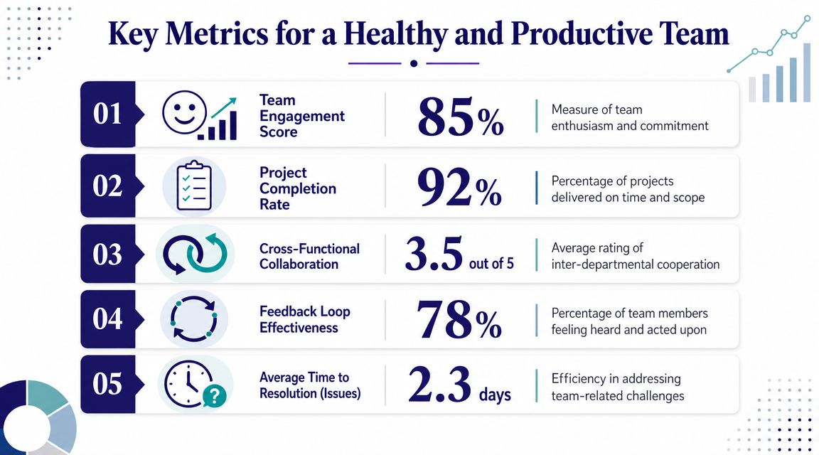 An infographic listing five key metrics for a healthy and productive team with corresponding percentage scores.
