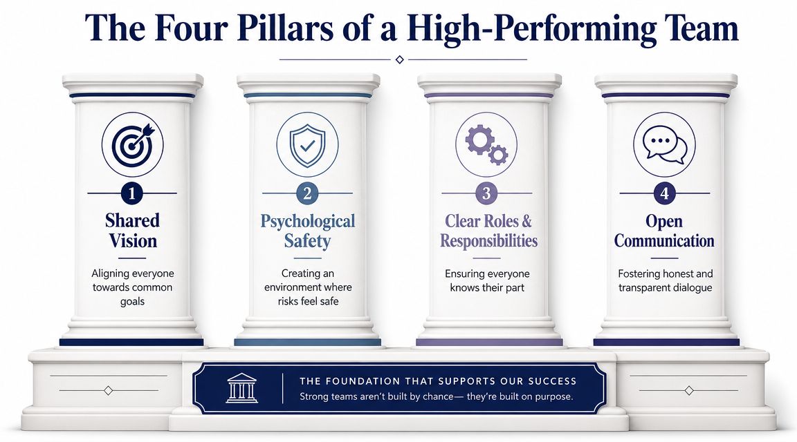 A diagram illustrating the four pillars of a high-performing team including vision, safety, roles, and communication.