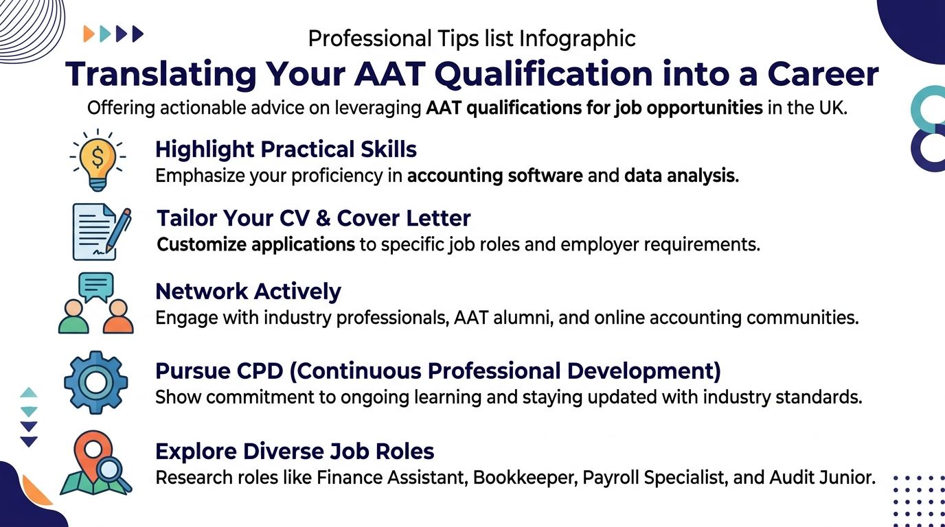 An infographic detailing professional tips for leveraging AAT qualifications to find career opportunities in the UK.