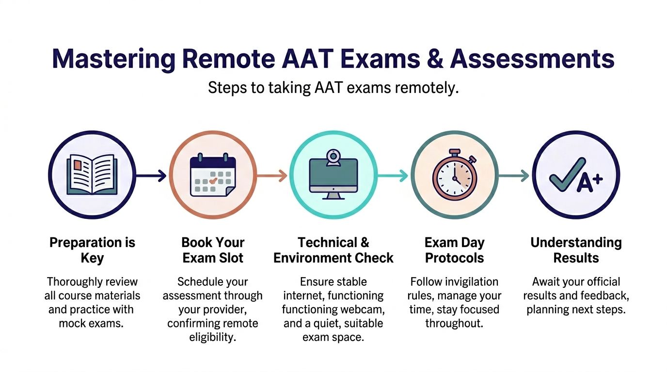 An infographic outlining the five essential steps for successfully completing remote AAT exams and assessments.