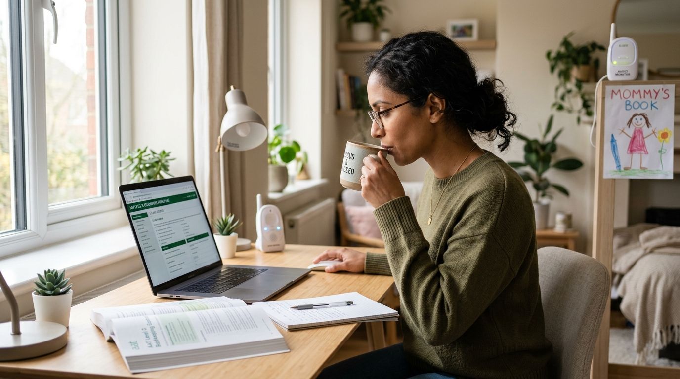 A woman studying at home on her laptop while drinking coffee at a sunlit desk.